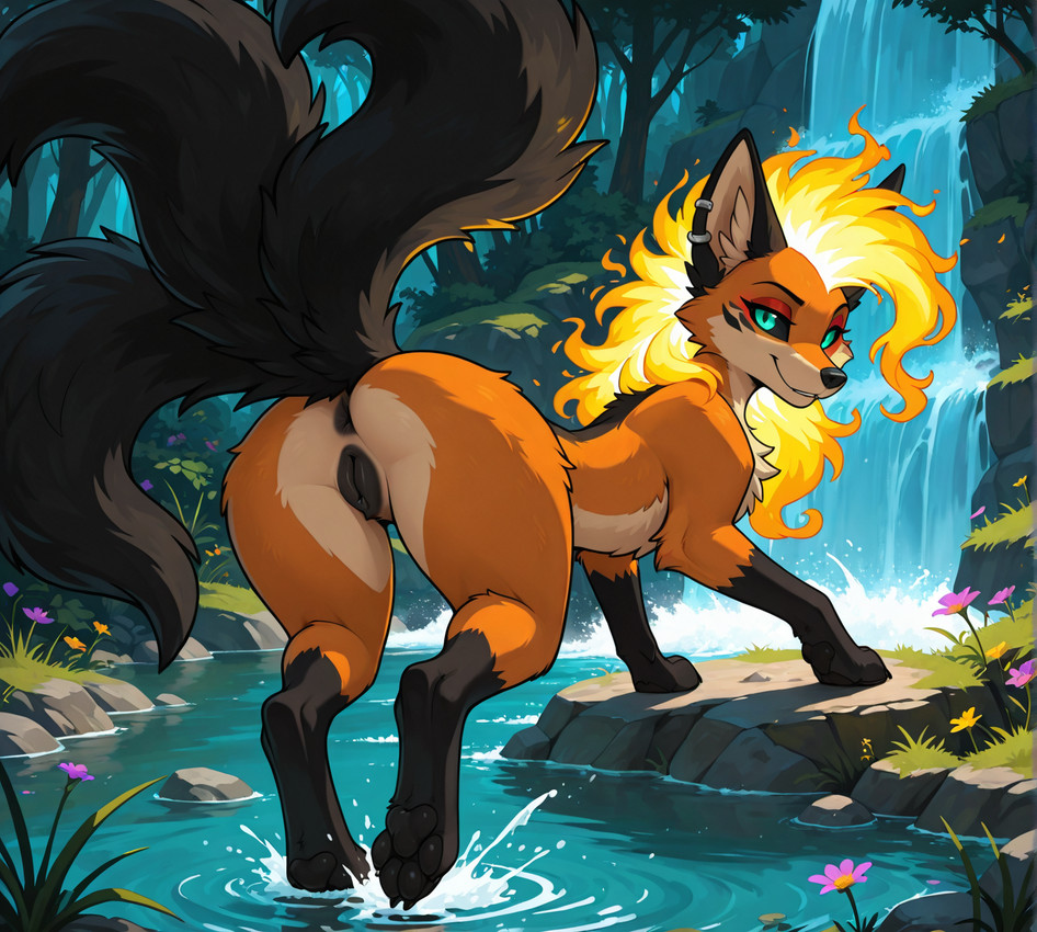 animal_genitalia animal_pussy anus black_tail canine_genitalia canine_pussy ear_piercing female feral fire flaming_hair forest genitals half-closed_eyes looking_at_viewer multi_tail narrowed_eyes piercing plant pseudo_hair pussy smile solo tree waterfall rueky rueky_(character) canid canine fox mammal hi_res