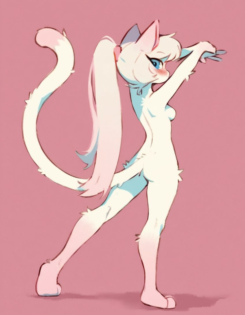 anthro blush breasts female looking_back nude simple_background solo ralseixx kizuru_(ralseixx) felid feline mammal