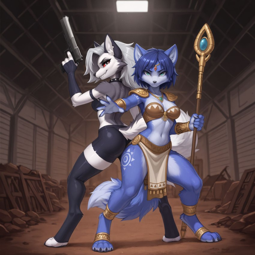 anthro clothing crossover duo female gun helluva_boss nintendo ranged_weapon staff star_fox weapon unknown_director krystal loona_(helluva_boss) canid canid_demon demon hellhound mammal hi_res