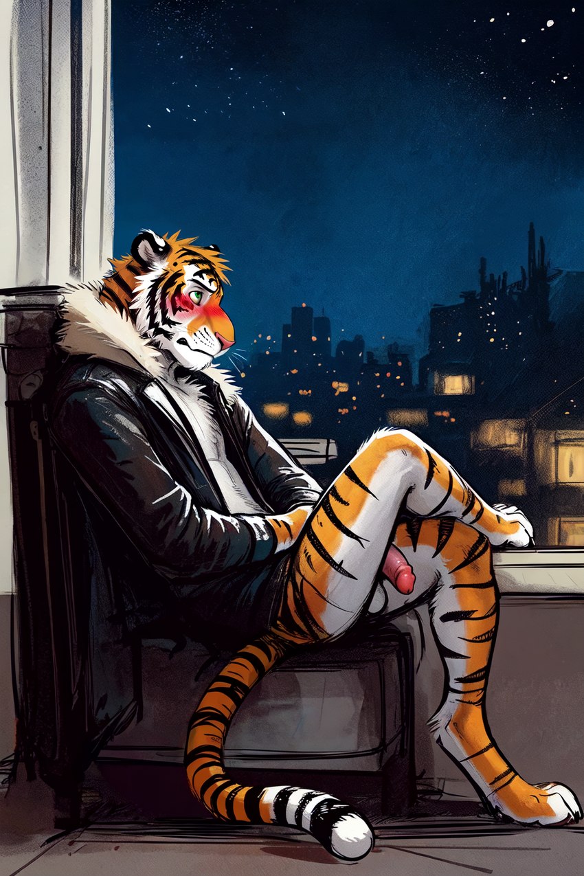 anthro balls blush bottomless city clothed clothing countershading crossed_legs fur fur_collar genitals green_eyes humanoid_genitalia humanoid_penis jacket leather leather_clothing leather_jacket leather_topwear looking_away male night orange_body orange_fur penis sitting solo striped_body striped_fur stripes topwear white_body white_countershading hamgas_(director) felid mammal pantherine tiger hi_res