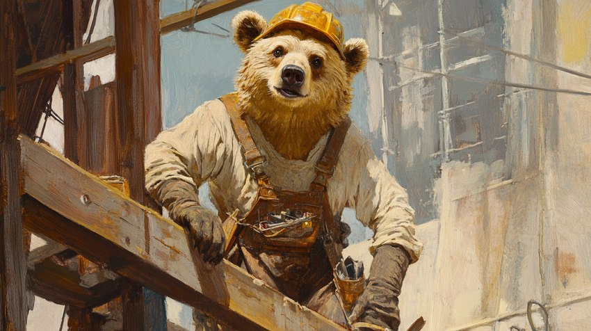 anthro armor brown_eyes clothing construction_site construction_worker gloves handwear hard_hat headgear helmet industrial leather leather_clothing leather_gloves leather_handwear male solo solo_focus suspenders tool_belt tools bahufaru brown_bear grizzly_bear mammal ursid ursine portrait