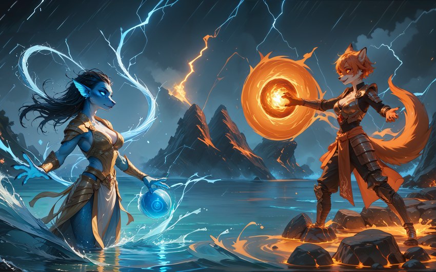 anthro armor black_hair black_nose blue_body blue_eyes blue_scales breasts chest_tuft claws cleavage clothed clothing countershading duo elemental_manipulation female fire fire_manipulation fluffy fluffy_tail fur gem glowing glowing_eyes gold_(metal) hair inner_ear_fluff lava lightning looking_at_another magic magic_user metal_armor mountains orange_body orange_fur orange_hair orb pelvic_curtain raining rock ruby_(gem) sash scales sea short_hair splash storm storm_clouds symbol tuft water water_drops wet wet_body wet_fur wet_hair fenix_ai amphibian canid canine deity fox mammal absurd_res hi_res