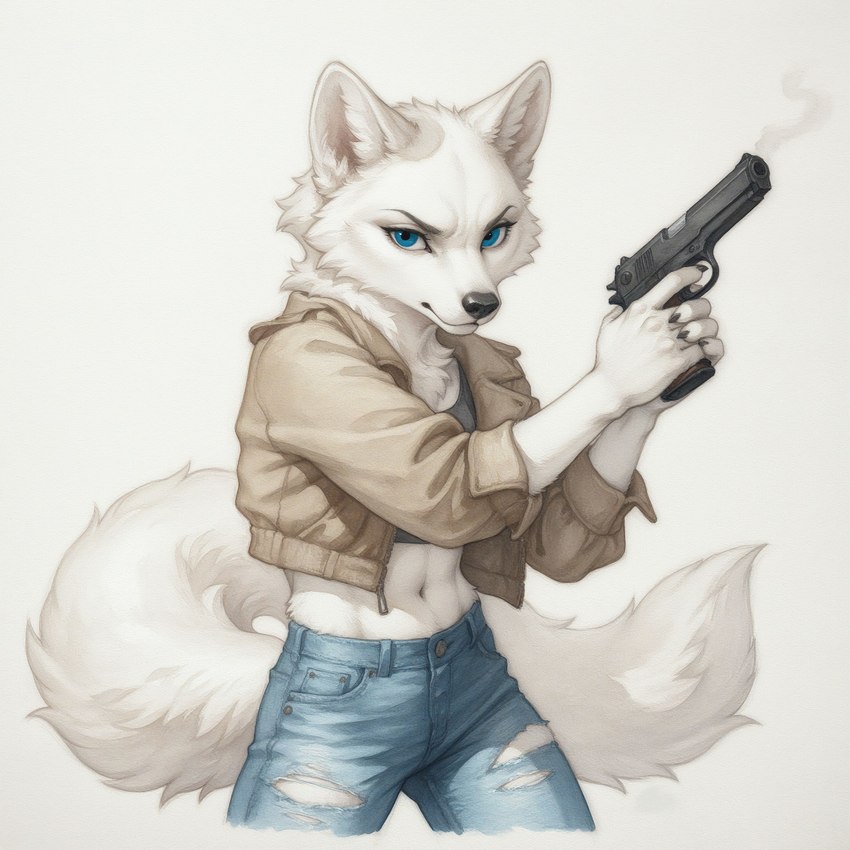 5_fingers action_pose black_clothing black_nose blue_bottomwear blue_clothing blue_eyes blue_jeans blue_pants bottomwear breasts cheek_tuft chest_tuft claws clothed clothing crop_top denim denim_bottomwear denim_clothing disney eyelashes facial_tuft female finger_claws fingers fluffy fluffy_tail frown fur gun handgun holding_gun holding_handgun holding_object holding_pistol holding_weapon inner_ear_fluff jacket jeans looking_at_viewer midriff navel neck_tuft pants pistol pose ranged_weapon shirt simple_background solo standing tail topwear torn_bottomwear torn_clothing torn_jeans torn_pants tuft weapon white_background white_body white_fur anonymous_director zootopia skye_(zootopia) arctic_fox canid canine canis fox mammal wolf absurd_res hi_res portrait three-quarter_portrait