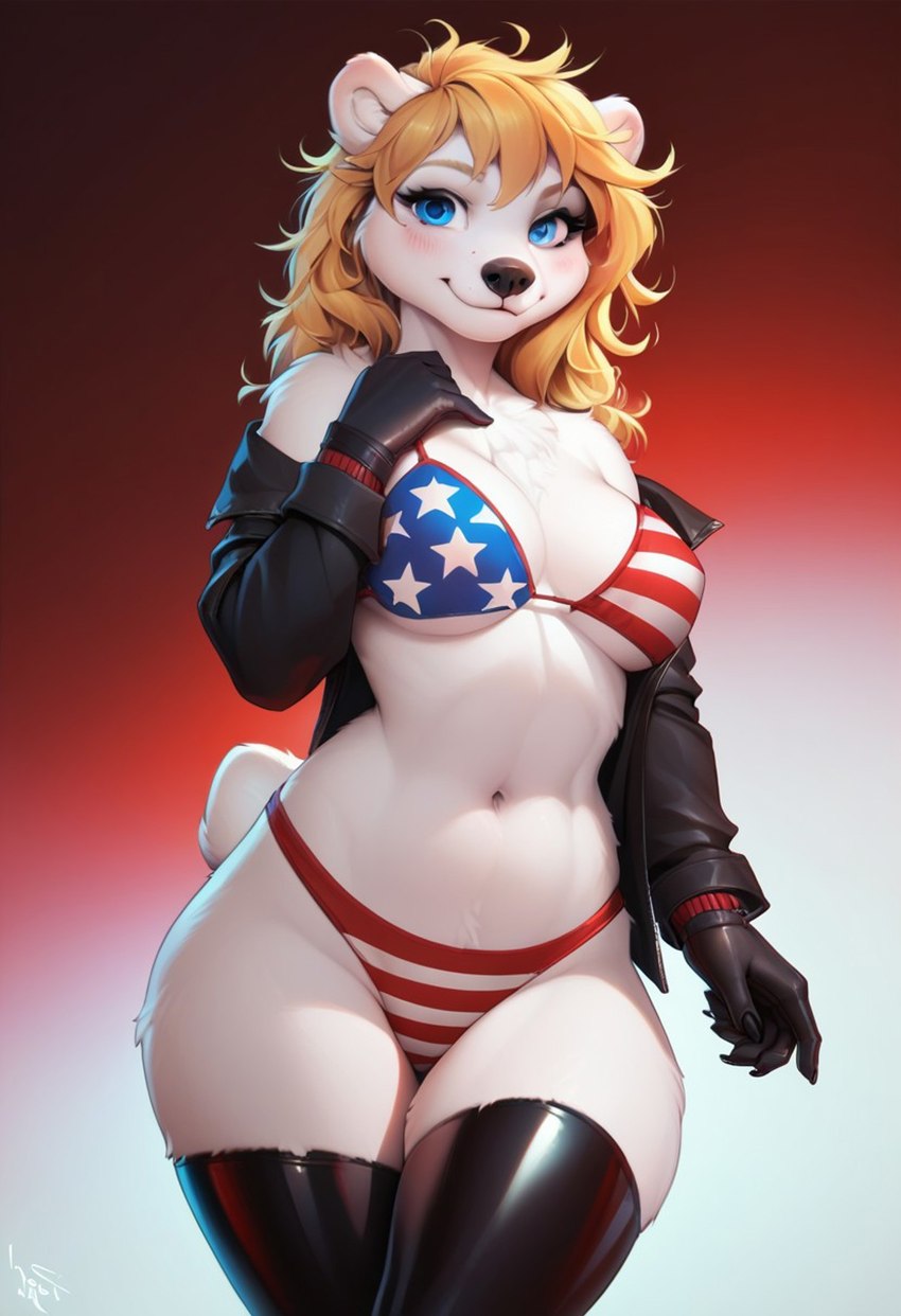 american_flag_bikini anthro bikini blonde_hair blue_eyes breasts clothing curvy_figure female fur gloves hair handwear jacket latex_stockings leather leather_clothing leather_jacket leather_topwear legwear long_hair looking_at_viewer smile smiling_at_viewer solo stars_and_stripes stockings swimwear thick_thighs topwear united_states_of_america white_body white_fur nakucide anita(nakucide) mammal polar_bear ursid ursine hi_res