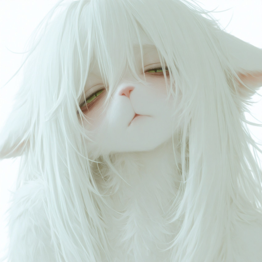 anthro close-up exhausted face_focus female fluffy fur green_eyes hair half-closed_eyes head_tilt inner_ear_fluff looking_at_viewer narrowed_eyes neck_tuft pink_nose pupils shoulder_tuft slit_pupils solo tired tired_expression tired_eyes tuft white_body white_fur white_hair sleepykitty domestic_cat felid feline felis humanoid mammal half-length_portrait hi_res portrait