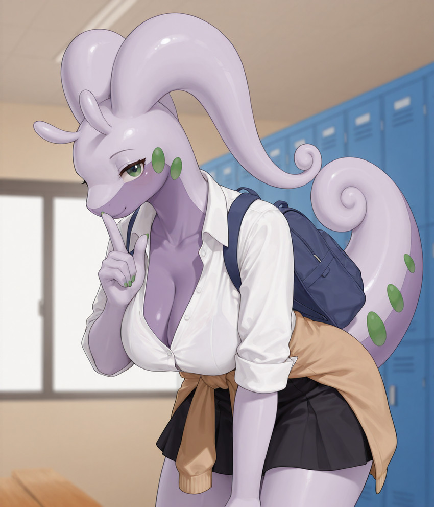 anthro backpack big_breasts black_bottomwear black_clothing black_skirt bottomwear breasts cleavage clothed clothing countershading female female_anthro fingers fully_clothed green_eyes locker looking_at_viewer purple_body school shirt skirt solo tail topwear white_clothing lewdtf nintendo pokemon generation_6_pokemon goodra pokemon_(species) invalid_tag 2025 digital_drawing_(artwork) digital_media_(artwork) hi_res stable_diffusion