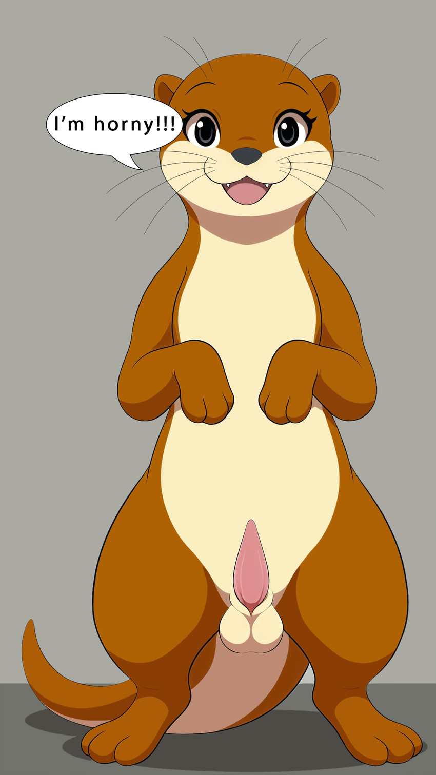 3_toes animal_genitalia animal_penis anthro balls belly black_eyes brown_body brown_fur erection fangs feet fur genital_slit genitals long_tail looking_at_viewer male open_mouth open_smile paws penis simple_background slit smile smiling_at_viewer snout solo speech_bubble tail tapering_penis teeth text toes whiskers white_belly yiff_ai_(director) mammal mustelid otter absurd_res english_text hi_res