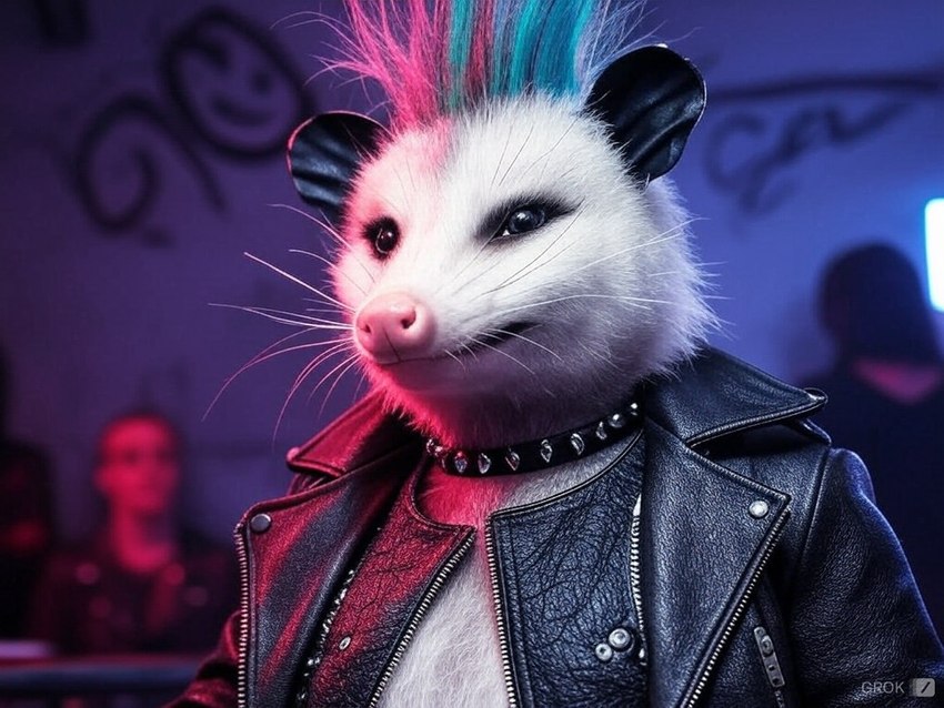 anthro bar clothing collar female hair leather leather_clothing solo spiky_hair chastity_coyote_(director) didelphid mammal marsupial virginia_opossum