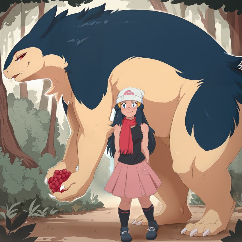 beanie berry bottomwear clothing duo female feral food fruit hands_behind_back hat headgear headwear looking_down_at_another male male/female plant skirt smug wide_eyed koboldcollector pokemon dawn_(pokémon) generation_2_pokemon human mammal pokemon_(species) typhlosion absurd_res hi_res