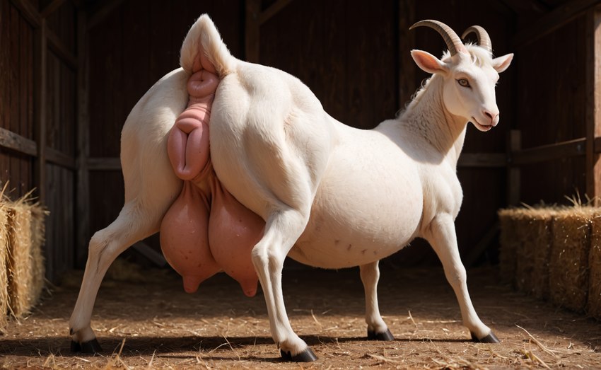 anatomically_correct anatomically_correct_genitalia anatomically_correct_pussy animal_genitalia animal_pussy anus barn butt canine_genitalia canine_pussy female feral fur genitals hay hay_bale hooves horn large_teats looking_at_viewer looking_back looking_back_at_viewer nipples pink_anus pink_pussy plump_labia presenting presenting_hindquarters presenting_pussy puffy_anus puffy_nipples pussy quadruped short_tail solo spread_legs spreading straw teats white_body white_fur rudderbuttai(director) bovid caprine goat mammal hi_res