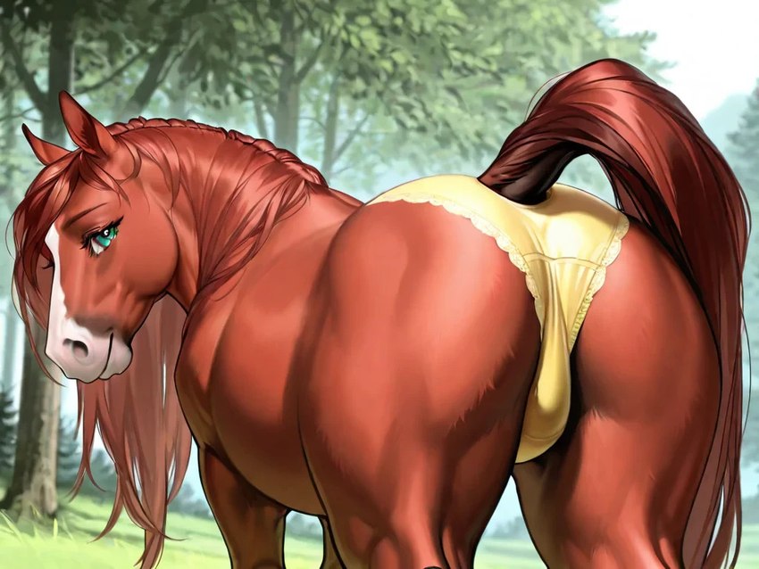 anatomically_correct butt clothed clothed_feral clothing equine_tail eyelashes female feral forest forest_background front_view fur girly green_eyes looking_at_viewer nature nature_background panties plant presenting presenting_hindquarters raised_tail red_body red_fur solo tan_body tree underwear yellow_clothing yellow_panties yellow_underwear yiff-ai equid equine horse mammal