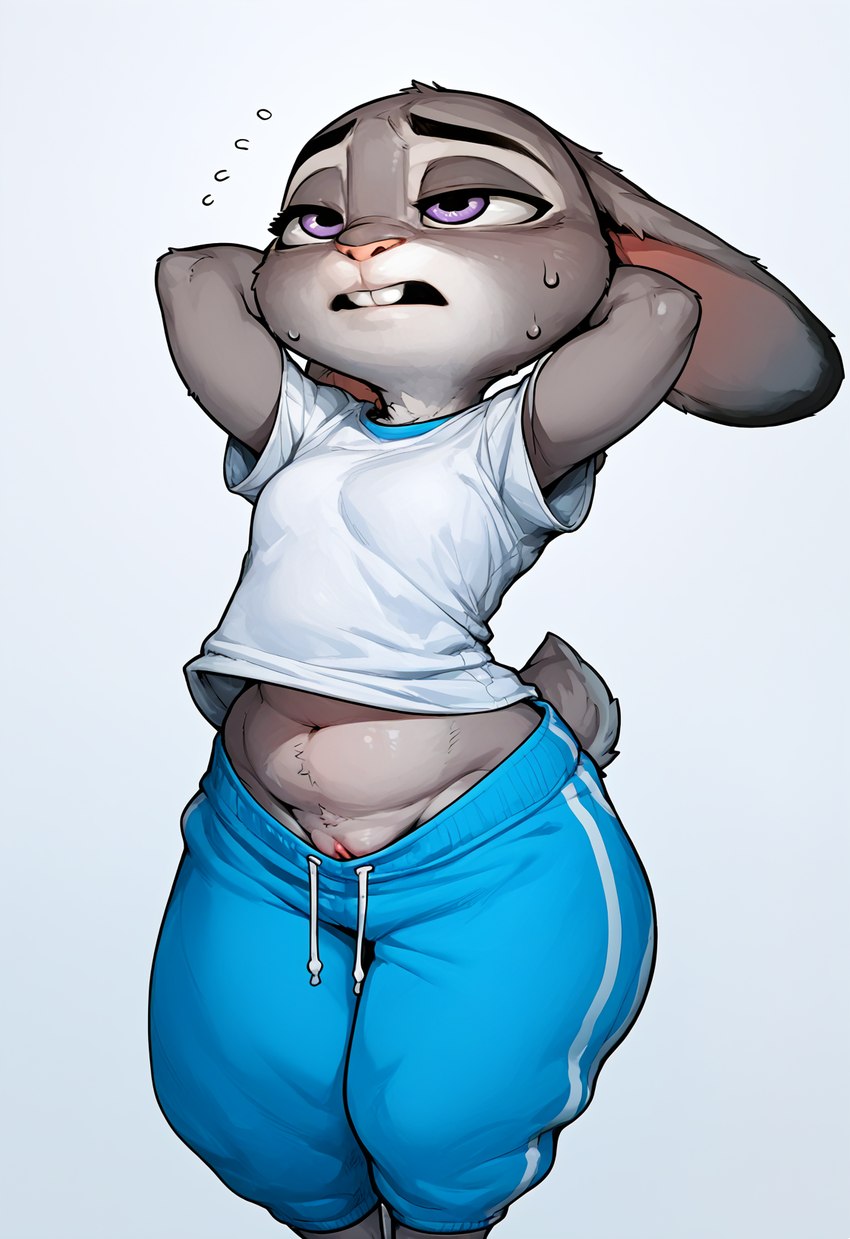 accidental_exposure anthro barely_visible_genitalia barely_visible_pussy bodily_fluids clothing ears_back female genitals hands_behind_head navel pivoted_ears pussy pussy_peek pussy_slip shirt solo standing sweat sweatpants sweaty_face t-shirt topwear wardrobe_malfunction zootopia anonymous_director judy_hopps lagomorph leporid mammal rabbit hi_res