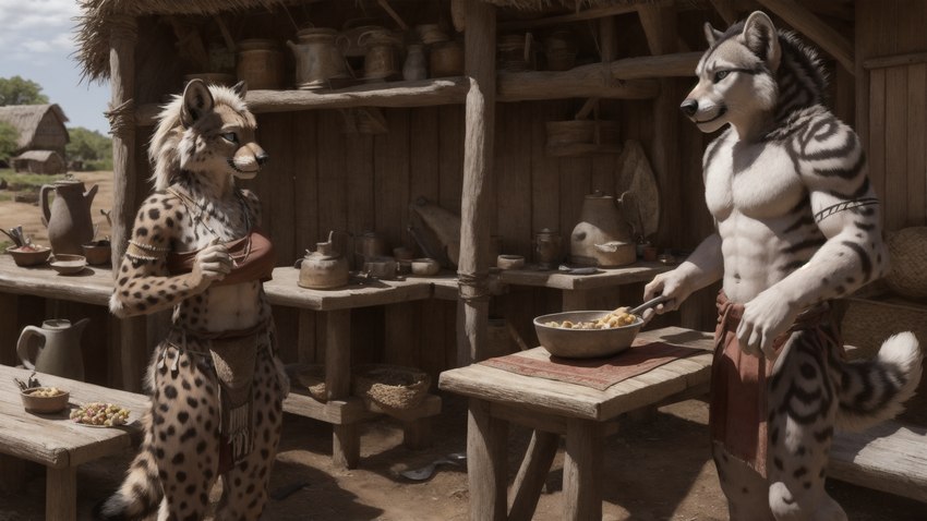 anthro bottomwear bowl clothed clothing container detailed_background duo female food fur grey_body grey_fur holding_object loincloth looking_at_another male outside pottery realistic spots stable_diffusion standing stripes tan_body tan_fur wall_(structure) wood_furniture wood_wall wooden_building gopossum canid felid mammal hi_res