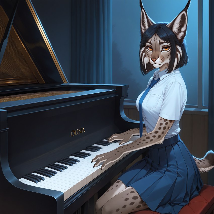 anthro bottomwear clothing ears_up female fur grey_body grey_fur hands keyboard_instrument musical_instrument necktie orange_eyes piano playing_music school_uniform sitting sitting_on_bench skirt solo uniform window anonymous_director felid feline lynx mammal hi_res