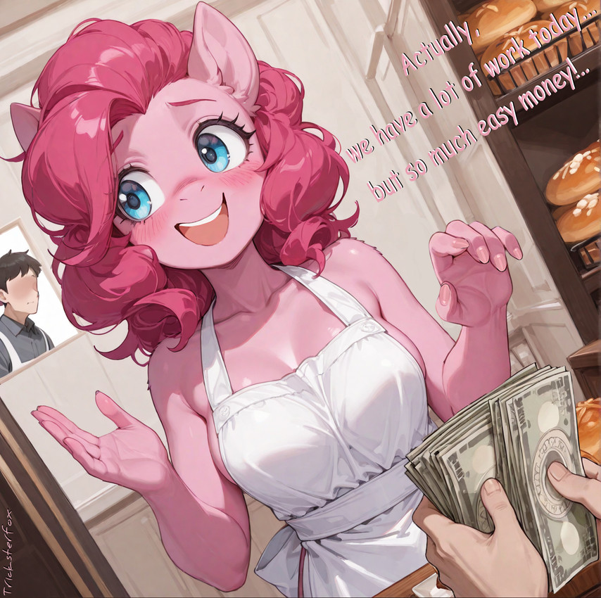 animal_ears animal_nose anthro apron apron_only arms_above_head bare_shoulders blue_eyes blush breasts cleavage clothed clothing collarbone duo female food fur hair holding_money holding_object inside large_breasts male medium_hair money mostly_nude open_mouth pink_body pink_fur pink_hair pink_skin pov_hands prostitution short_hair smile snout solo teeth text white_apron tricksterfox friendship_is_magic my_little_pony pinkie_pie_(mlp) equid equine human mammal english_text hi_res