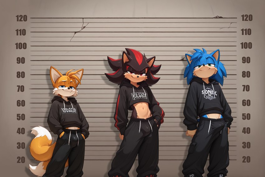 anthro baggy_pants bulge clothing comparing group hoodie male midriff mugshot smug topwear trio wall_(structure) purplesimp sonic_the_hedgehog_(series) miles_prower shadow_the_hedgehog sonic_the_hedgehog animal_humanoid canid canine eulipotyphlan fox hedgehog humanoid mammal mammal_humanoid hi_res