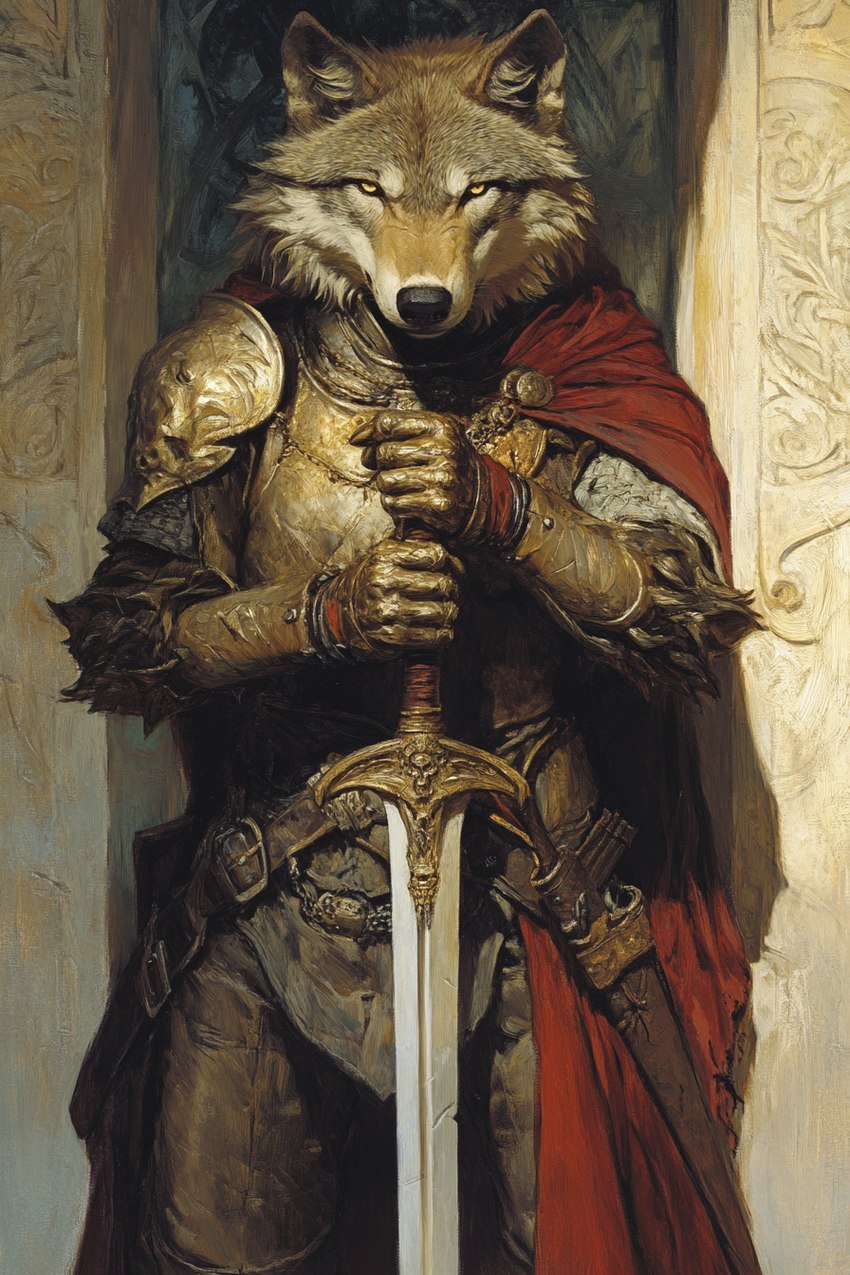 ambiguous_gender animal_genitalia anthro armor belt black_nose buckle cape cloak clothing gauntlets genitals gloves handwear melee_weapon scabbard sheath solo solo_focus stone_building sword weapon yellow_eyes bahufaru canid canine canis mammal wolf hi_res portrait