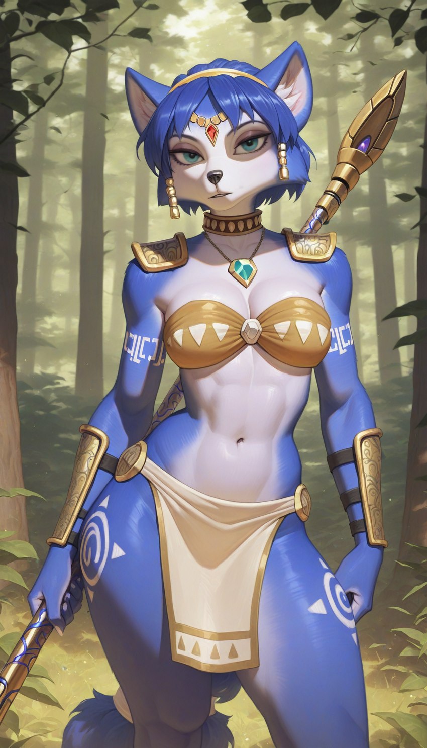 accessory anthro blue_body blue_fur blue_hair bottomwear breasts clothing female forest fur hair hair_accessory jewelry loincloth looking_at_viewer markings navel necklace nintendo plant solo staff tree tribal tribal_markings weapon white_body white_fur unknown_director star_fox krystal canid canine fox mammal hi_res