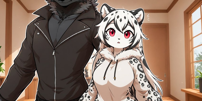 anthro big_breasts black_body black_fur breasts clothing countershading duo female fur grey_body grey_fur hair looking_at_viewer male male/female red_eyes reverse_countershading size_difference spots spotted_body spotted_fur white_body white_fur arturowolff_(director) arturowolff canid canine canis felid mammal pantherine snow_leopard wolf hi_res