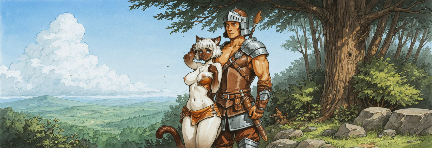 5_fingers anthro areola armor atmospheric_perspective belt biped blue_eyes blush bottomwear breasts brown_body brown_fur chest_tuft clothed clothing cloud day detailed_background duo exposed_breasts eyebrows female fingers forest fur gloves_(marking) gradient_fur hair handwear headgear helmet human_on_anthro humanoid_hands inner_ear_fluff interspecies loincloth looking_aside looking_at_another looking_away male male/female markings melee_weapon midriff multicolored_body multicolored_fur muscular muscular_human muscular_male nature navel nipples outside pink_nipples plant rock scabbard shirt short_hair shrub skimpy skirt sky smile standing sword tail tan_body topwear tree tuft two_tone_body two_tone_fur vambrace warrior weapon white_body white_fur white_hair wind the_wanderer_jax domestic_cat felid feline felis human mammal siamese hi_res