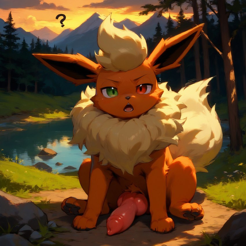 animal_genitalia animal_penis canine_genitalia canine_penis feral flared_penis fluffy fluffy_tail forest genitals male mountains neck_tuft open_mouth paws penis plant pond rock sitting sitting_on_ground solo sunset tongue tree tuft matt3985_(director) phazon eeveelution flareon generation_1_pokemon pokemon_(species) hi_res