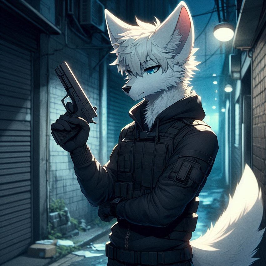 alley anthro black_clothing blue_eyes clothing dall-e_3 fur gun handgun holding_gun holding_handgun holding_object holding_weapon male night outside pistol ranged_weapon solo tactical_gear weapon white_body white_fur lucifluffy wilek canid canine fennec fox mammal