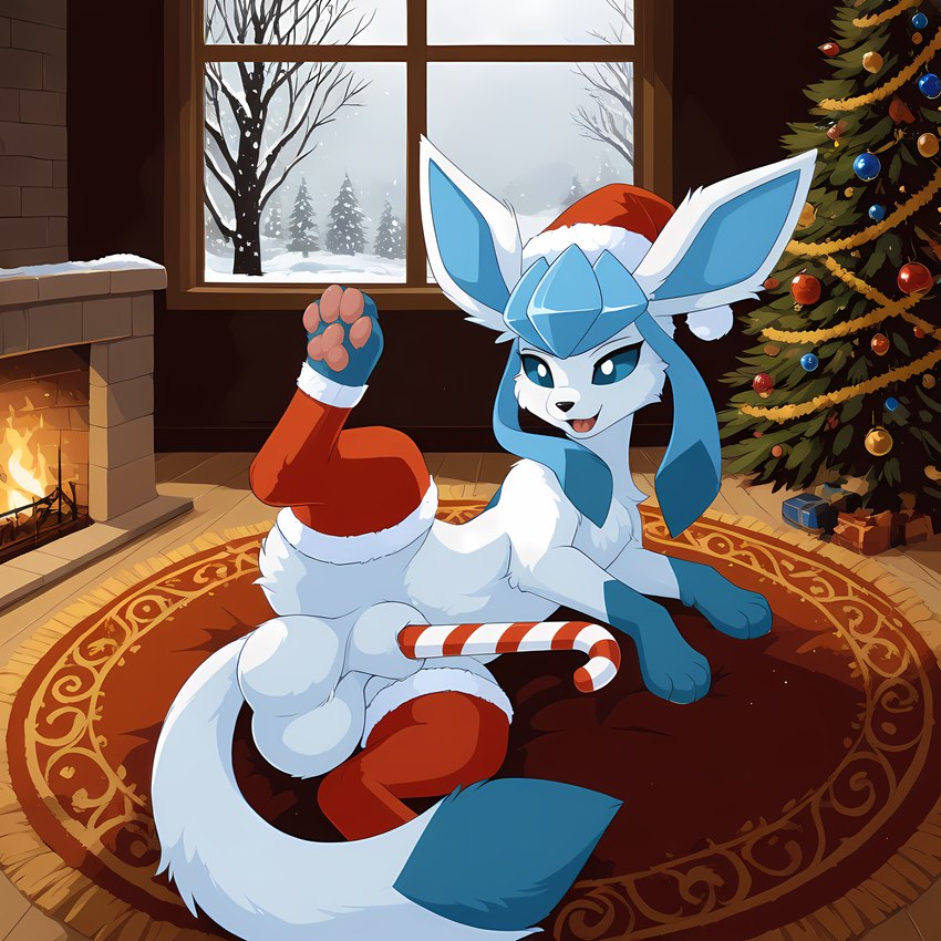 animal_genitalia balls christmas_clothing christmas_headwear clothing feral genitals hat headgear headwear legwear lying male object_in_sheath on_side pawpads santa_hat sheath solo stockings thedavid eeveelution generation_4_pokemon glaceon pokemon_(species) hi_res