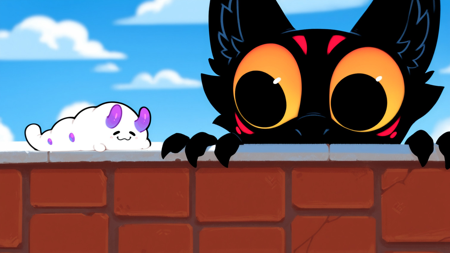 alternate_species ambiguous_gender anthro big_eyes black_body black_ears black_fur brick_wall chibi claws cloud duo feral fur horn humor inner_ear_fluff markings outside purple_body sky smile tail tuft wall_(structure) white_body white_fur wide_eyed yellow_eyes yellow_sclera anotheranon cookie_(anotheranon) hymonie_fluffscale(fluffscaler) arthropod furred_kobold insect kobold mammal hi_res widescreen