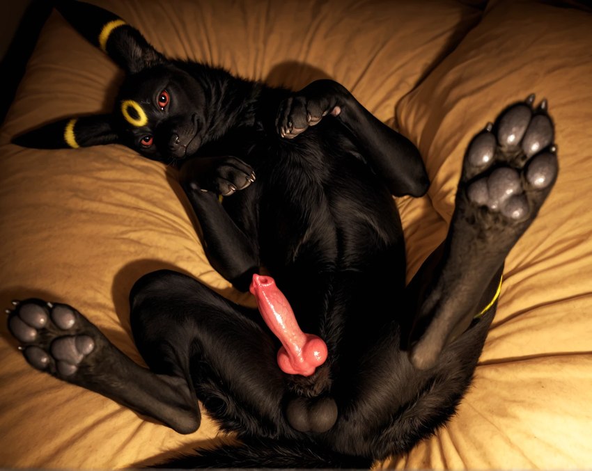 animal_genitalia animal_penis balls bed canine_genitalia canine_penis claws erection feral furniture genitals high-angle_view hindpaw inside knot looking_at_viewer lying male on_back on_bed pawpads paws penis photorealism photorealistic solo spread_legs spreading director_yiffy nintendo pokemon eeveelution generation_2_pokemon pokemon_(species) umbreon hi_res