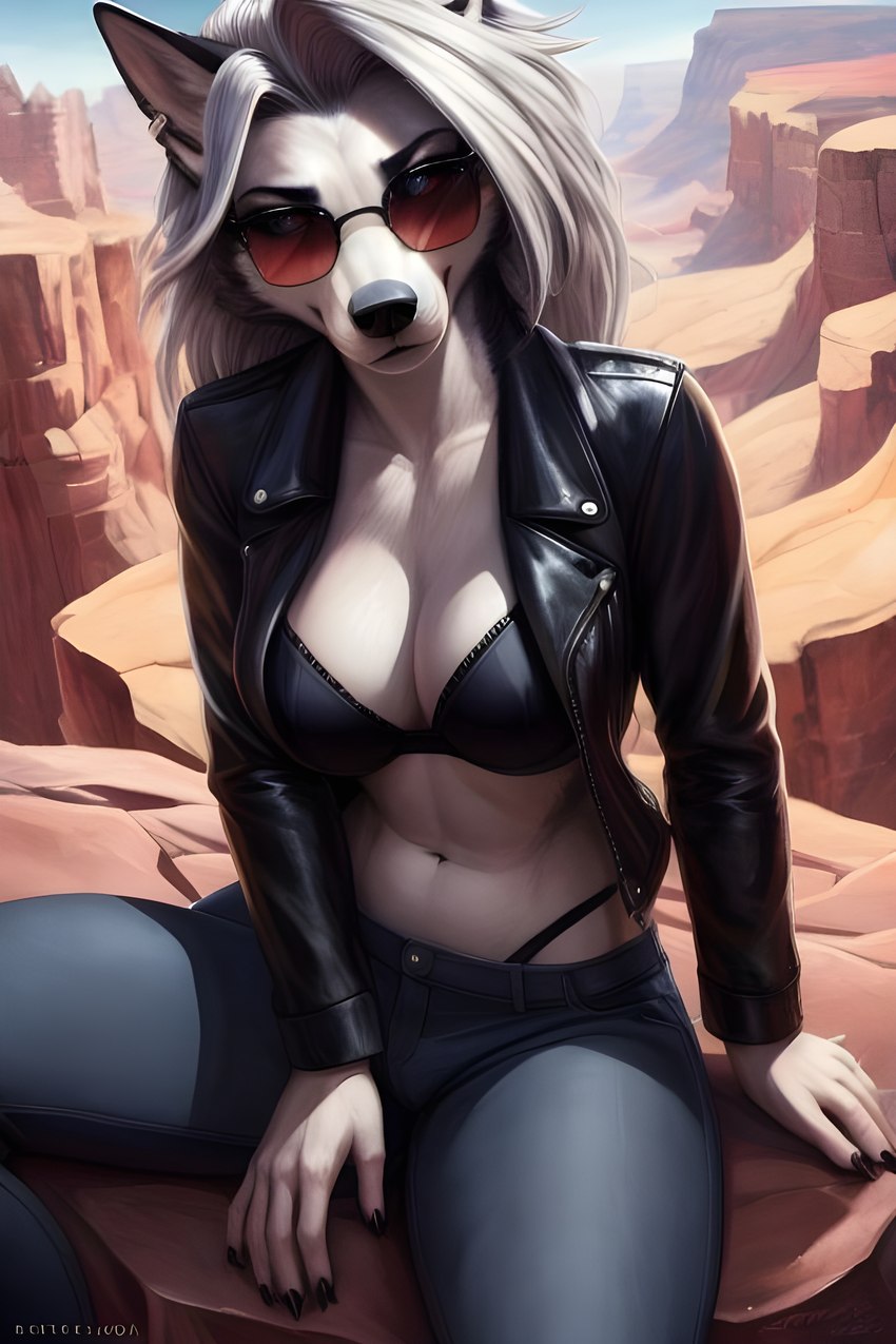 anthro bottomwear bra breasts canyon clothing denim denim_clothing eyebrows eyewear female hair jacket jeans leather leather_clothing leather_jacket leather_topwear long_hair medium_breasts navel pants sitting solo sunglasses topwear underwear white_hair exawalker1991 loona_(helluva_boss) canid canid_demon demon hellhound mammal absurd_res hi_res