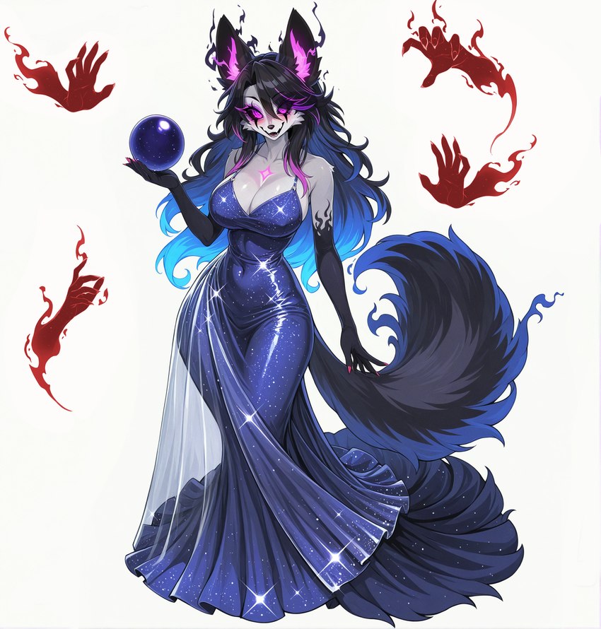 5_fingers anthro big_breasts black_body black_fur black_hair black_nose blue_clothing blue_dress blue_hair blush breasts claws cleavage clothed clothing colored_nails dress eyebrows eyelashes female fennec_ears fingernails fingers fluffy fluffy_tail fur glowing grey_body grey_fur hair holding_object inner_ear_fluff long_hair looking_at_viewer magic markings multicolored_hair nails pink_eyes purple_clothing purple_dress purple_eyes simple_background smile solo sparkles standing tail translucent tuft two_tone_hair white_background thebigbradwulf nyx_(thebigbradwulf) canid canine fennec fox mammal digital_media_(artwork) hi_res