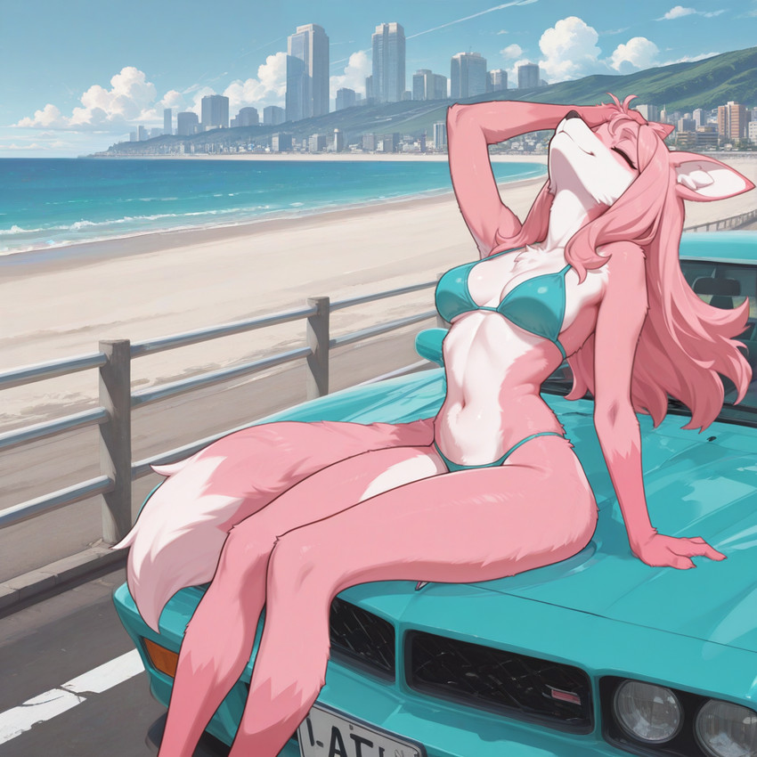 anthro beach bikini blue_bikini blue_clothing blue_sky blue_swimwear car city city_background clothing cloud eyes_closed female fur hair hand_on_head head_back long_hair multicolored_body multicolored_fur navel outside pink_body pink_fur pink_hair road sea seaside sitting sitting_on_car sky smile snout solo swimwear vehicle water white_body white_fur noverthink brand_new_animal nazuna_hiwatashi canid canine fox mammal 2026