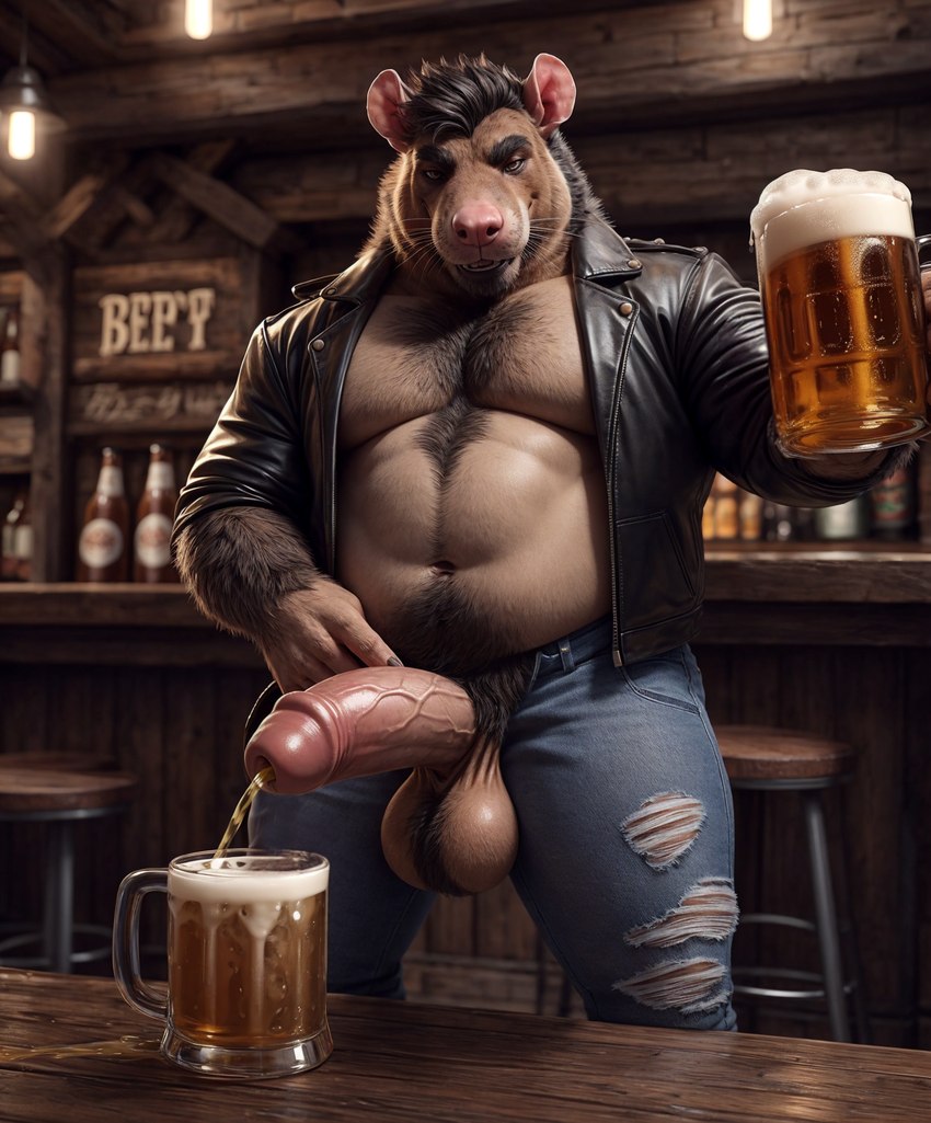 alcohol anthro balls beer belly beverage big_belly big_penis bodily_fluids genital_fluids genitals male overweight overweight_male peeing penis pissing solo urine urine_stream watersports director_lerrmot mammal murid murine rat rodent hi_res