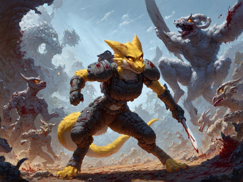 ambiguous_gender anthro battle blood blood_covered bodily_fluids dirty female fighting_pose fur futuristic_armor glowing glowing_eyes melee_weapon orange_eyes outside pose smile solo sword weapon meara furred_kobold humanoid kobold monster