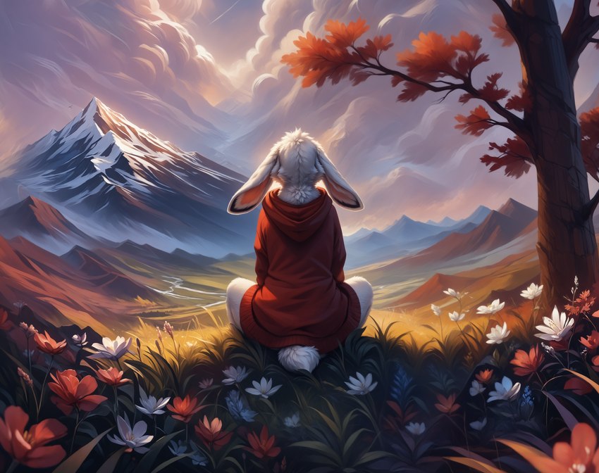 amazing_background ambiguous_gender anthro clothed clothing cloud day detailed_background flower fur grass hoodie landscape long_ears markings mountain nature outside plant prompt rear_view red_clothing red_topwear scenery sitting sky solo tail topwear tree tuft white_body white_fur white_tail wilddogone lagomorph leporid mammal rabbit absurd_res digital_media_(artwork) hi_res