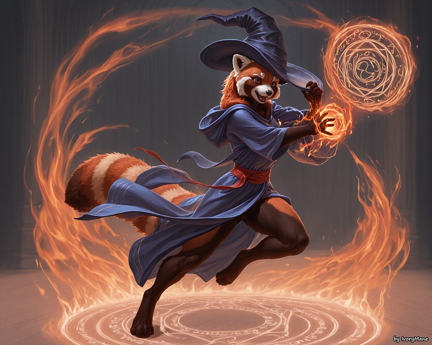 action_pose anthro cape clothing female fire fur hat headgear headwear long_tail magic magic_circle magic_user pose robe solo ivorymane ailurid mammal red_panda watermark