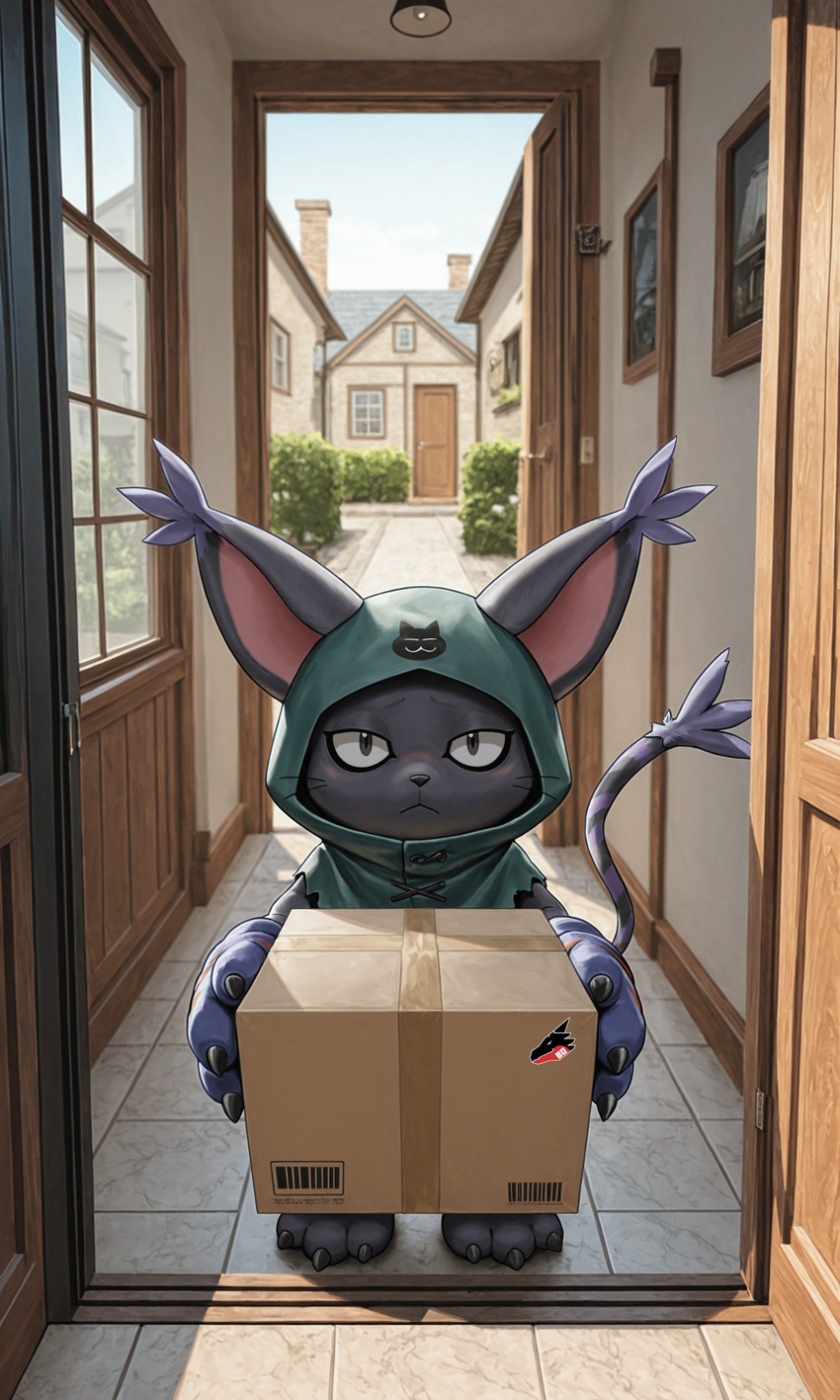3_fingers 3_toes ambiguous_gender anthro big_ears black_claws black_eyes blush box claws container doorway feet fingers green_cloak holding_object looking_at_viewer paws presenting snout solo standing toes whiskers yiff_ai_(director) bad_dragon bandai_namco digimon digimon_ghost_game blackgatomon_uver. digimon_(species) felid feline mammal absurd_res hi_res