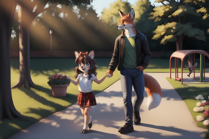 aiko anthro bottomwear brown_hair clothing cub duo female hair hairbow hooves male male/female nature playground skirt teal_eyes vulpine walking young venisoncreampie barry venison canid canine cervid fox mammal hi_res