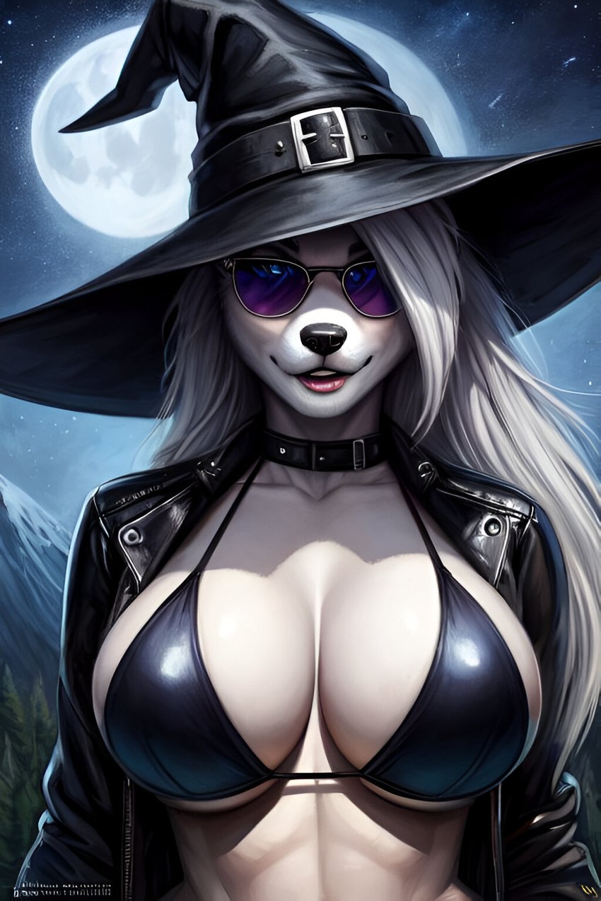 anthro big_breasts bikini bikini_top black_nose breasts clothing collar detailed_background eyewear female hair hat headgear headwear jacket leather leather_clothing leather_jacket leather_topwear moon night_sky open_mouth solo sunglasses swimwear topwear upper_body white_hair witch_hat exawalker1991 loona_(helluva_boss) canid canid_demon demon hellhound mammal attempted_signature hi_res