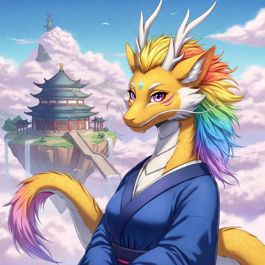 anthro asian_clothing belly clothing east_asian_clothing female gold_scales hair horn japanese_clothing kimono multicolored_hair pink_eyes rainbow_hair solo white_belly white_horn director_veprem amaterasu_(veprem) dragon eastern_dragon hi_res