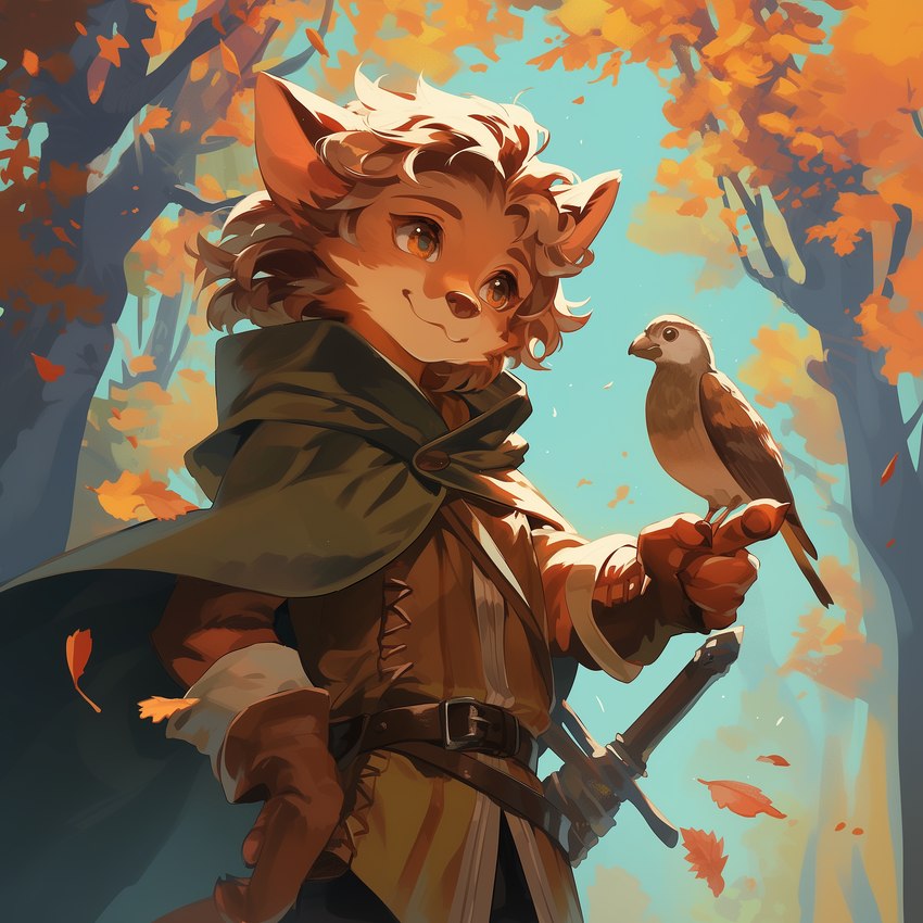 ambiguous_gender anthro belt brown_eyes brown_hair brown_nose cloak clothed clothing day duo eyebrows feral fully_clothed hair hand_on_hip holding_another leaf male melee_weapon outside plant smile solo_focus sword tree weapon sappy_(director) avian bird canid canine mammal hi_res oil_painting_(artwork) painting_(artwork) shaded traditional_media_(artwork)