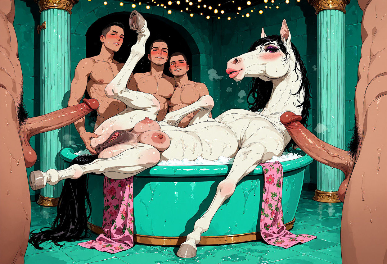 animal_genitalia animal_pussy anus balls bathing bathroom bestiality big_penis bodily_fluids butt dripping equine_anus equine_genitalia equine_pussy erection female feral fur genital_fluids genitals group hair interspecies looking_at_viewer male male/female navel nipples nude partially_submerged penile penis presenting pussy teats tongue water wet wet_body white_body diddlier equid equine horse human mammal hi_res