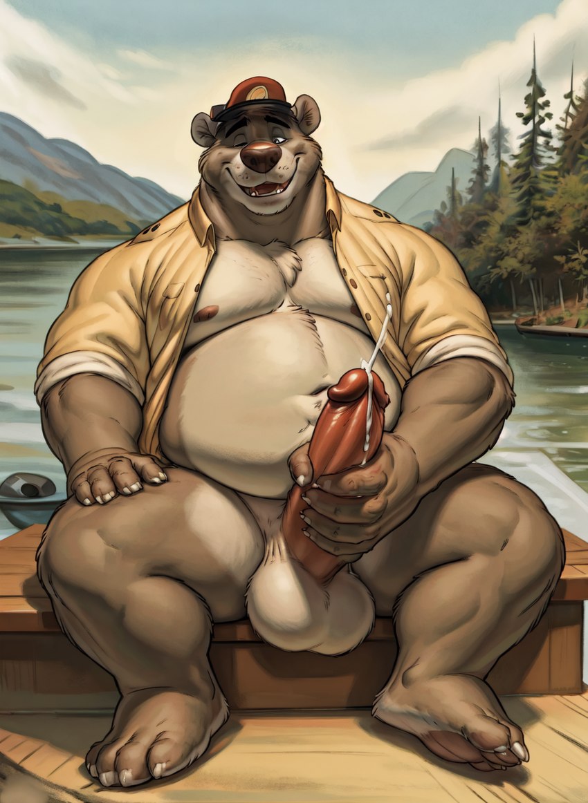 anthro balls baloo_jungle_book belly big_balls big_belly big_nose big_penis bodily_fluids chest_tuft claw claws clothed clothing cum cumshot dock ejaculation erection fur genital_fluids genitals grey_body grey_fur hat headgear headwear humanoid_genitalia humanoid_penis jacket lake looking_at_genitalia looking_at_penis looking_down looking_pleasured male masturbating musclegut muscular muscular_male navel nipples one_eye_closed open_clothing open_jacket open_mouth open_topwear outside overweight penis sitting smile solo spread_legs spreading talespin thick_thighs topwear tuft aiaicaptain baloo mammal ursid hi_res