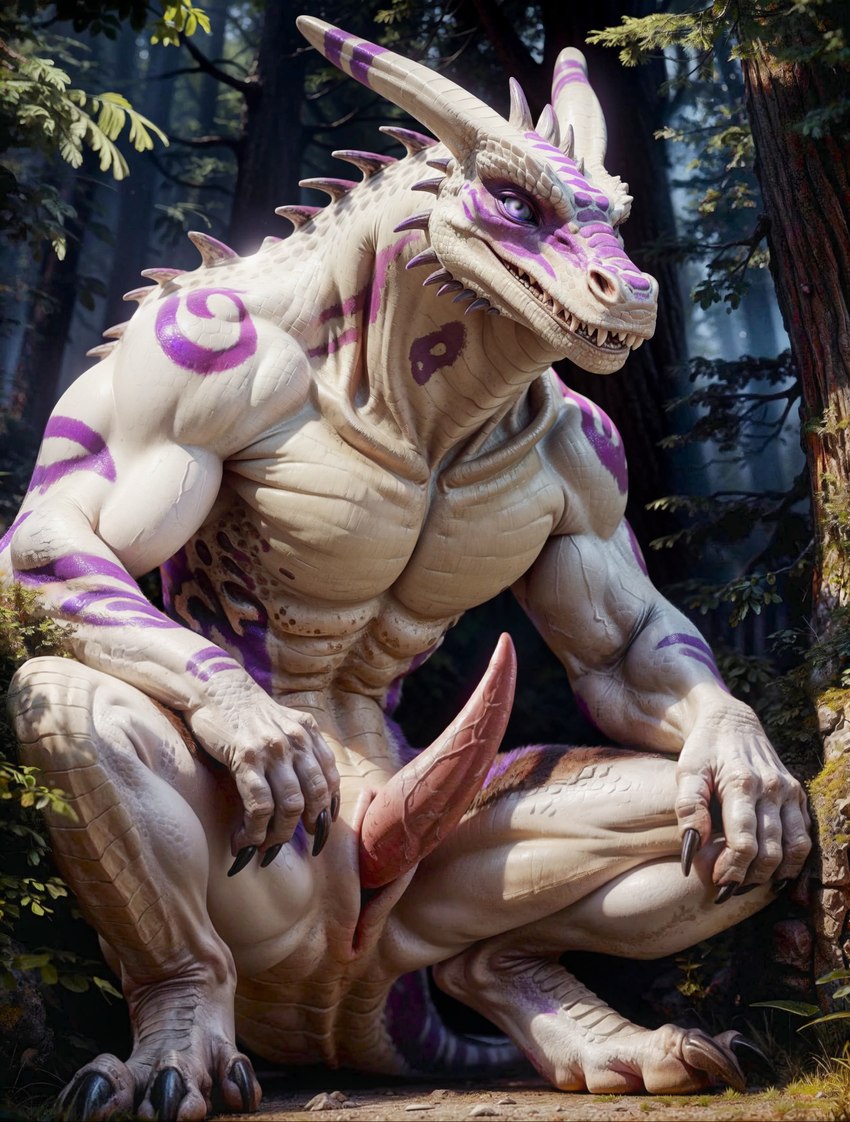 abs animal_genitalia anthro anus big_tail claws crouching detailed_background detailed_scales digitigrade forest forest_background genital_slit genitals horn light male markings muscular muscular_anthro muscular_male nature nature_background nude pecs penis plant presenting provocative purple_eyes purple_markings scales seductive slit smile solo spread_legs spreading tapering_penis teeth tree white_body notte dragon reptile scalie alternate_version_at_source detailed hi_res lighting