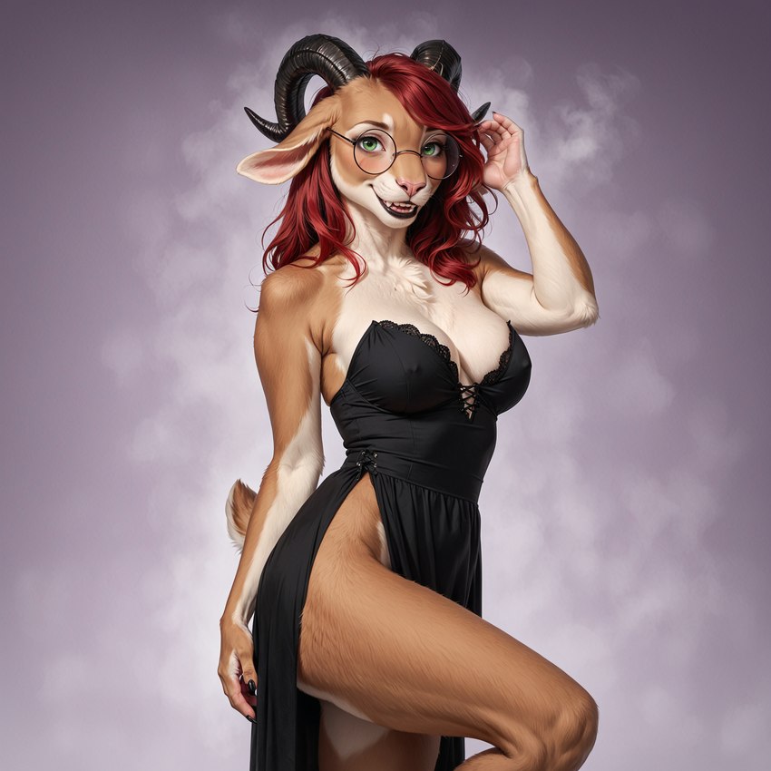 anthro black_clothing black_dress breasts brown_body brown_fur chest_tuft clothing detailed_fur dress ears_down eyewear female fur glasses green_eyes gynomorph hair hand_in_hair horn inner_ear_fluff intersex leg_up looking_at_viewer open_mouth pivoted_ears realistic red_hair scut_tail short_tail smile solo tan_body tan_fur teeth tongue touching_hair tuft ilmpbx fursona_(corsetlover69) bovid caprine goat mammal detailed hi_res