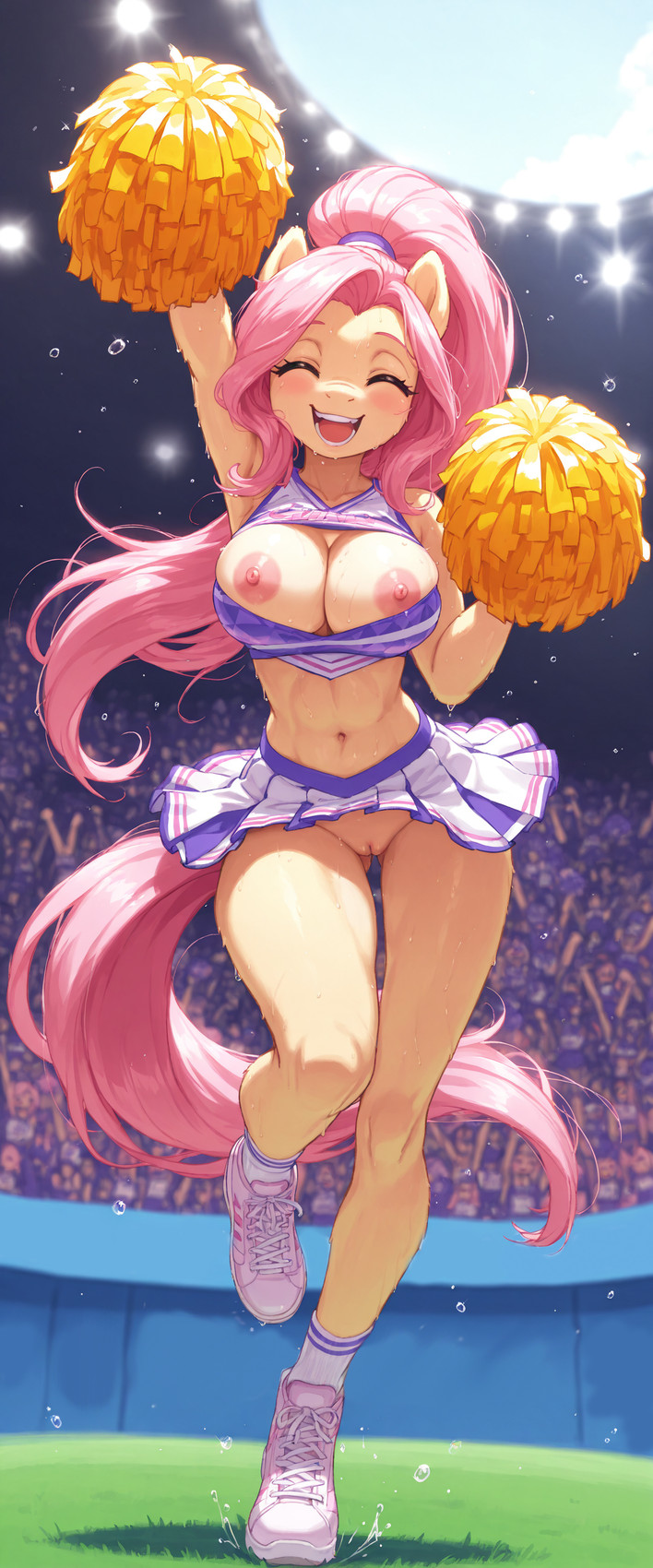 accidental_exposure animal_ears animal_nose anthro audience blush bodily_fluids bottomwear breasts butt_from_the_front cheering cheerleader cheerleader_outfit cleavage cleft_of_venus clothed clothing clothing_lift crop_top crowd exhibitionism exposed_breasts eyes_closed female flying_sweatdrops footwear front_view genital_fluids genitals grass group hair holding_pom_poms horse_ears horse_tail large_breasts long_hair midriff miniskirt navel nipples no_underwear on_one_leg open_mouth outside pink_hair plant pleated_skirt pom_pom_(cheerleading) pom_poms ponytail public public_nudity purple_bottomwear purple_clothing purple_shirt purple_skirt purple_topwear pussy pussy_juice raised_arm shirt shoes skirt skirt_lift smile sneakers snout socks solo stadium standing sweat sweatdrop tail teeth thigh_gap topwear very_long_hair white_bottomwear white_clothing white_footwear white_skirt white_socks tricksterfox friendship_is_magic my_little_pony fluttershy_(mlp) absurd_res full-length_portrait hi_res portrait