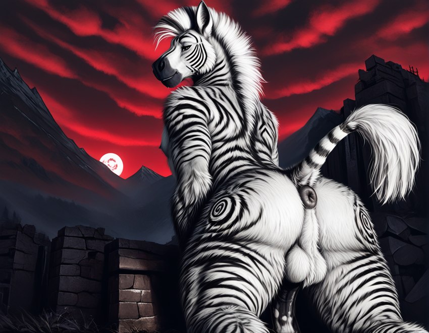 anthro anus black_anus black_body black_fur black_penis cloud equine_tail fur genitals hair horror_(theme) looking_back male mohawk moon mottled mottled_genitalia mottled_penis mountain nipples pecs penis raised_tail rear_view red_sky rubble ruins sky smile smirk solo spiral spiral_markings striped_body striped_fur stripes white_body white_fur white_hair white_penis 7oxytron equid equine mammal zebra red_theme