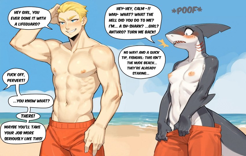 anthro beach blonde_hair blue_eyes blush breasts clothed clothing dialogue duo embarrassed female fin gender_transformation gills hair lifeguard male mtf_transformation muscular navel nipples offscreen_character sand sea seaside shark_fin shark_tail sharp_teeth sky small_breasts species_transformation speech_bubble swimming_trunks swimwear teeth text topless transformation wardrobe_malfunction water quicklime fish human mammal marine shark comic hi_res