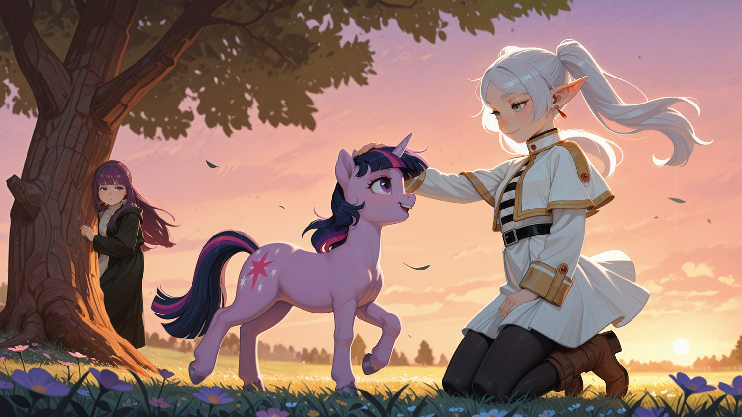 belt boots bottomwear clothed clothing cloud crossover cutie_mark ear_piercing eyelashes female feral flower flower_field footwear fur grass green_eyes group hair hooves horn humanoid_pointy_ears light long_hair looking_at_another mane nature nature_background open_mouth open_smile outside piercing pink_hair plant ponytail pouting purple_body purple_eyes purple_fur purple_hair robe skirt sky smile sunlight sunset tail teal_eyes teeth tongue topwear tree trio twintails_(hairstyle) unicorn_horn white_hair truekry friendship_is_magic frieren:_beyond_journey's_end my_little_pony fern_(frieren) frieren twilight_sparkle_(mlp) elf equid equine human humanoid mammal unicorn hi_res