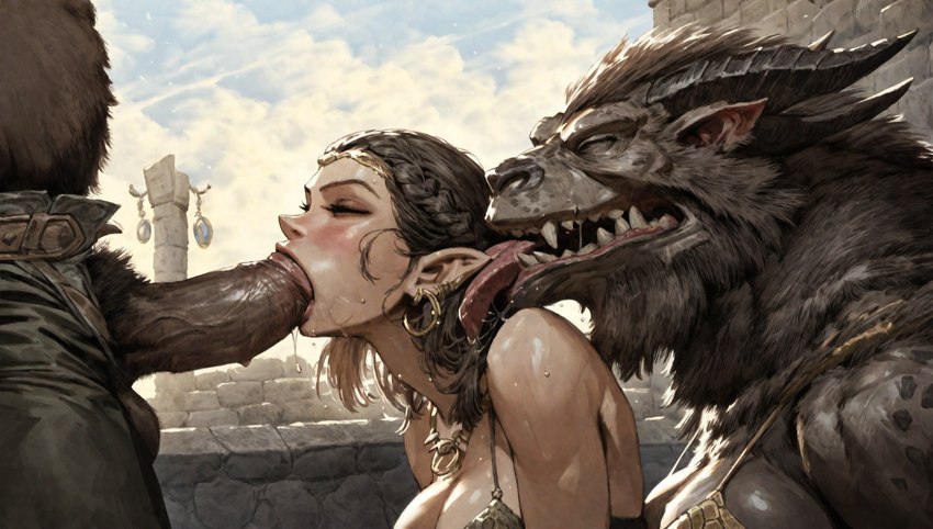 anthro duo fellatio female group group_sex human_on_anthro interspecies licking male male/female oral penile sex side_view threesome tongue tongue_out zoophilia hyperion cervid cervine elf human humanoid hybrid mammal hi_res